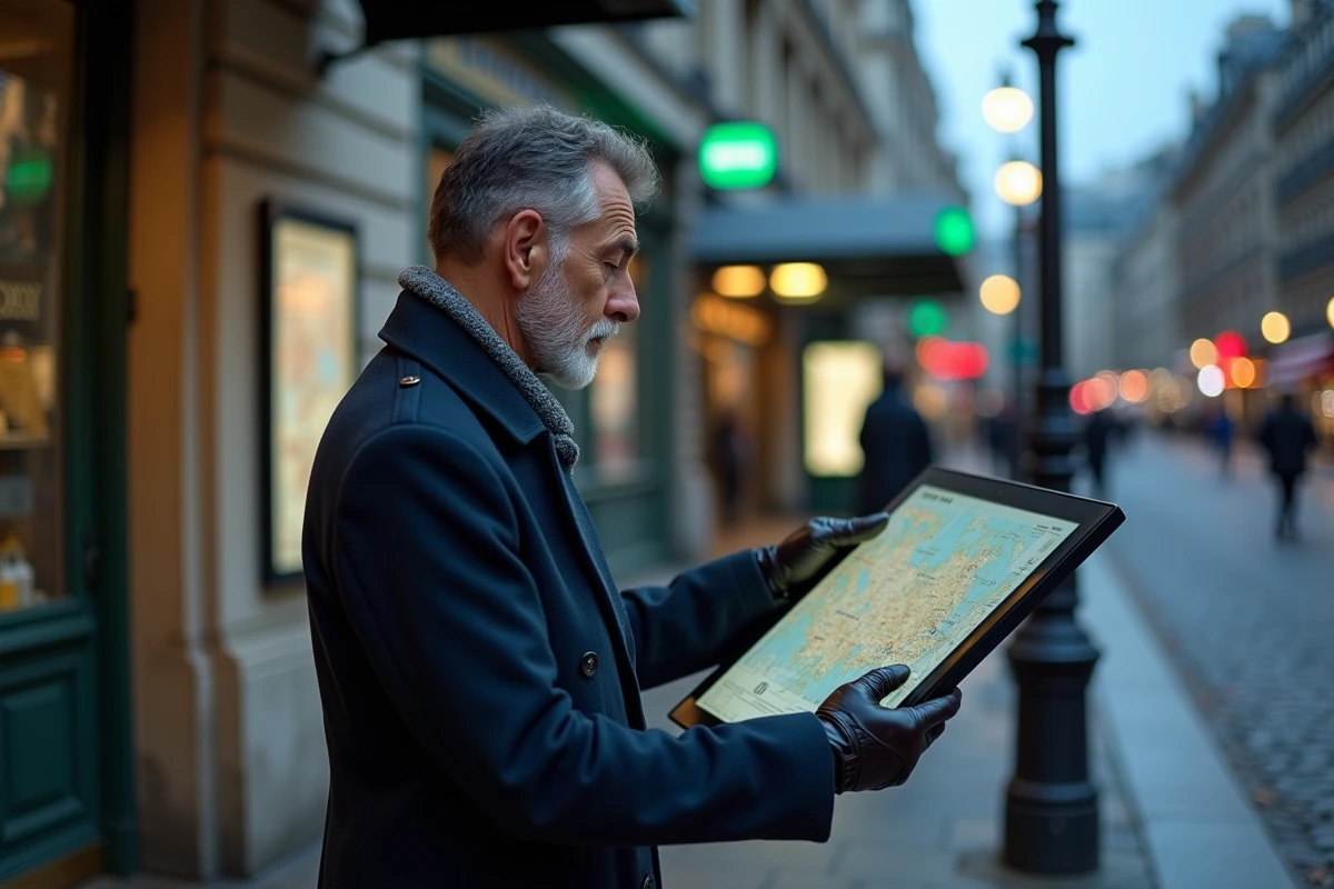 Homme en trench regardant une carte dans une station parisienne