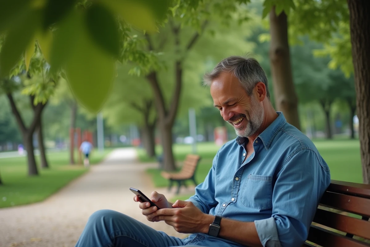 Homme souriant supprime des applications dans un parc