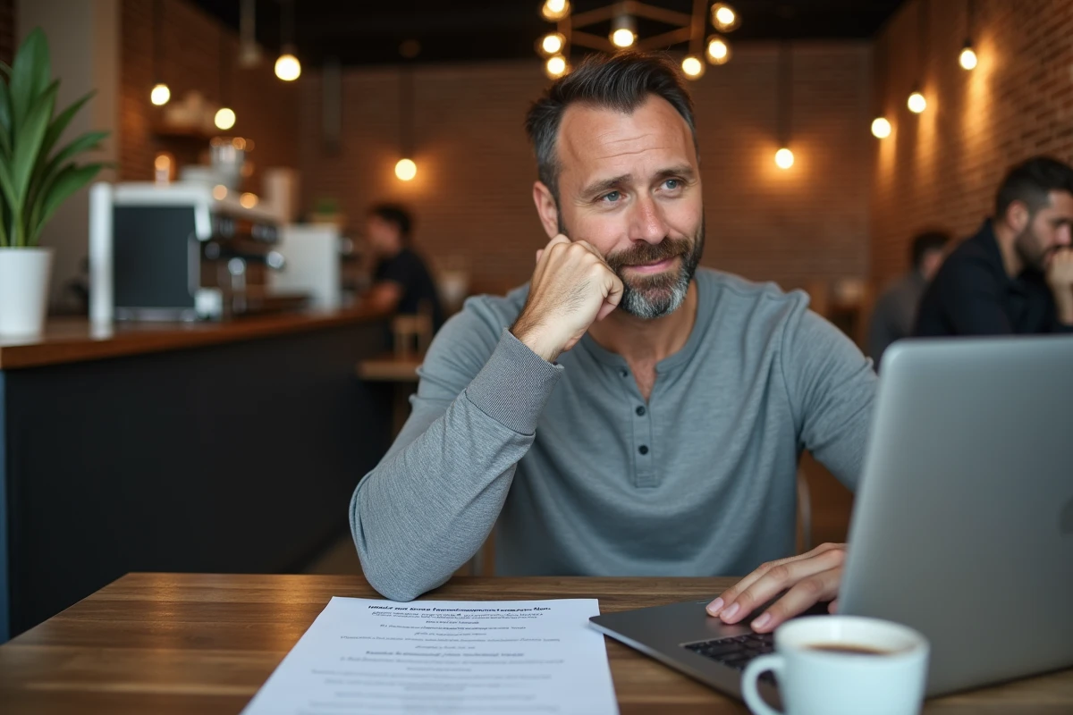 Homme adulte réfléchissant sur une énigme logique difficile dans un café urbain avec une feuille de puzzle imprimée