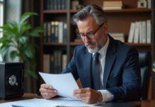 Homme d'affaires en costume bleu vérifiant des documents financiers