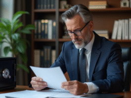 Homme d'affaires en costume bleu vérifiant des documents financiers