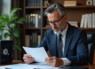 Optimiser son patrimoine financier avec le coffre-fort de Nibelis Homme d'affaires en costume bleu vérifiant des documents financiers