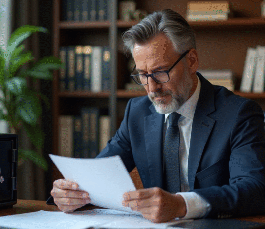 Optimiser son patrimoine financier avec le coffre-fort de Nibelis Homme d'affaires en costume bleu vérifiant des documents financiers