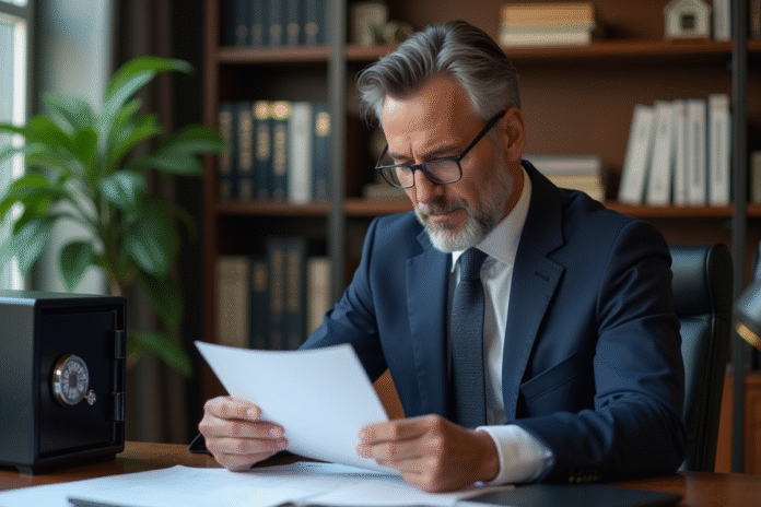 Homme d'affaires en costume bleu vérifiant des documents financiers