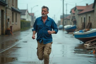 Homme courant dans une rue inondée en bord de mer