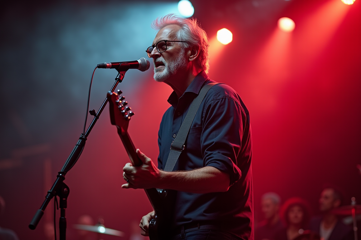 Homme jouant de la guitare électrique sur scène lumineuse