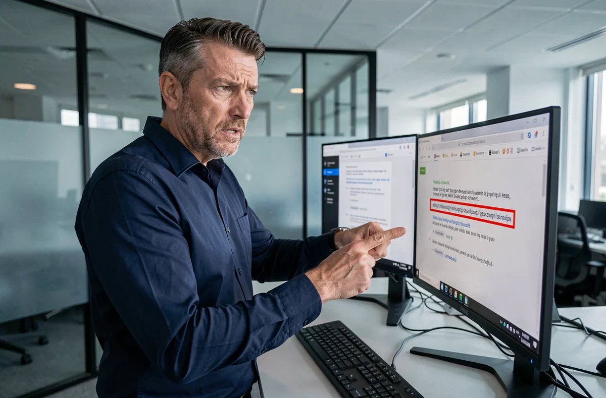 Homme en entreprise identifiant un email de phishing avec un faux lien, sensibilisation aux arnaques Code Whiteout