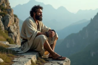 Homme méditerranéen assis sur une roche en montagne avec chaînes