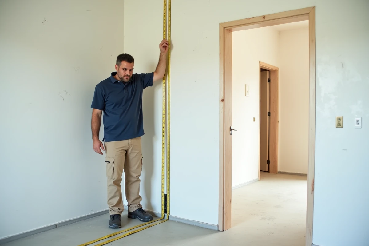 Homme mesurant simultanément la hauteur et la largeur d'une pièce en rénovation avec deux mètres rubans