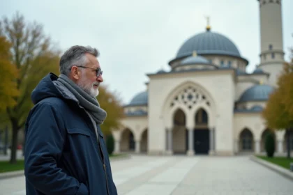 Homme en veste navy devant la mosquee de Strasbourg