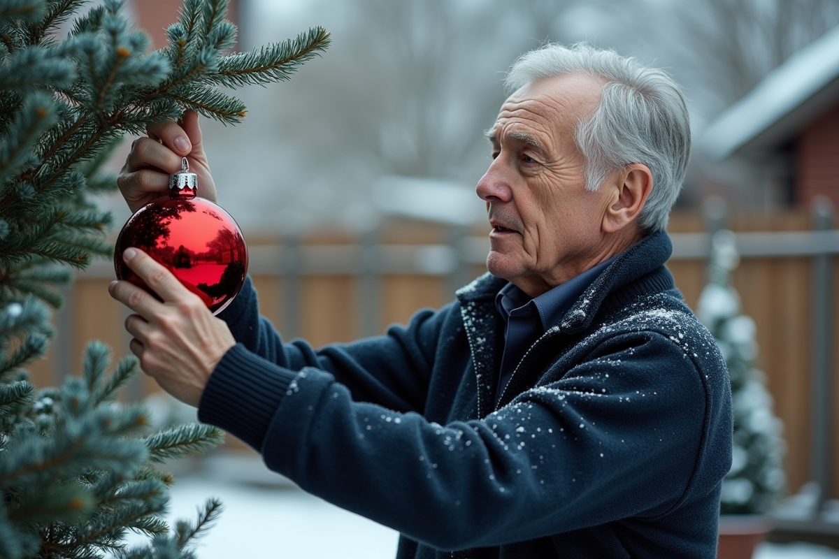 Homme accroche boule de Noel sur sapin enneige en extérieur