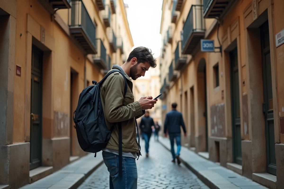 Homme hésitant à l'entrée d'une ruelle toulousaine avec smartphone, erreurs courantes des nouveaux arrivants