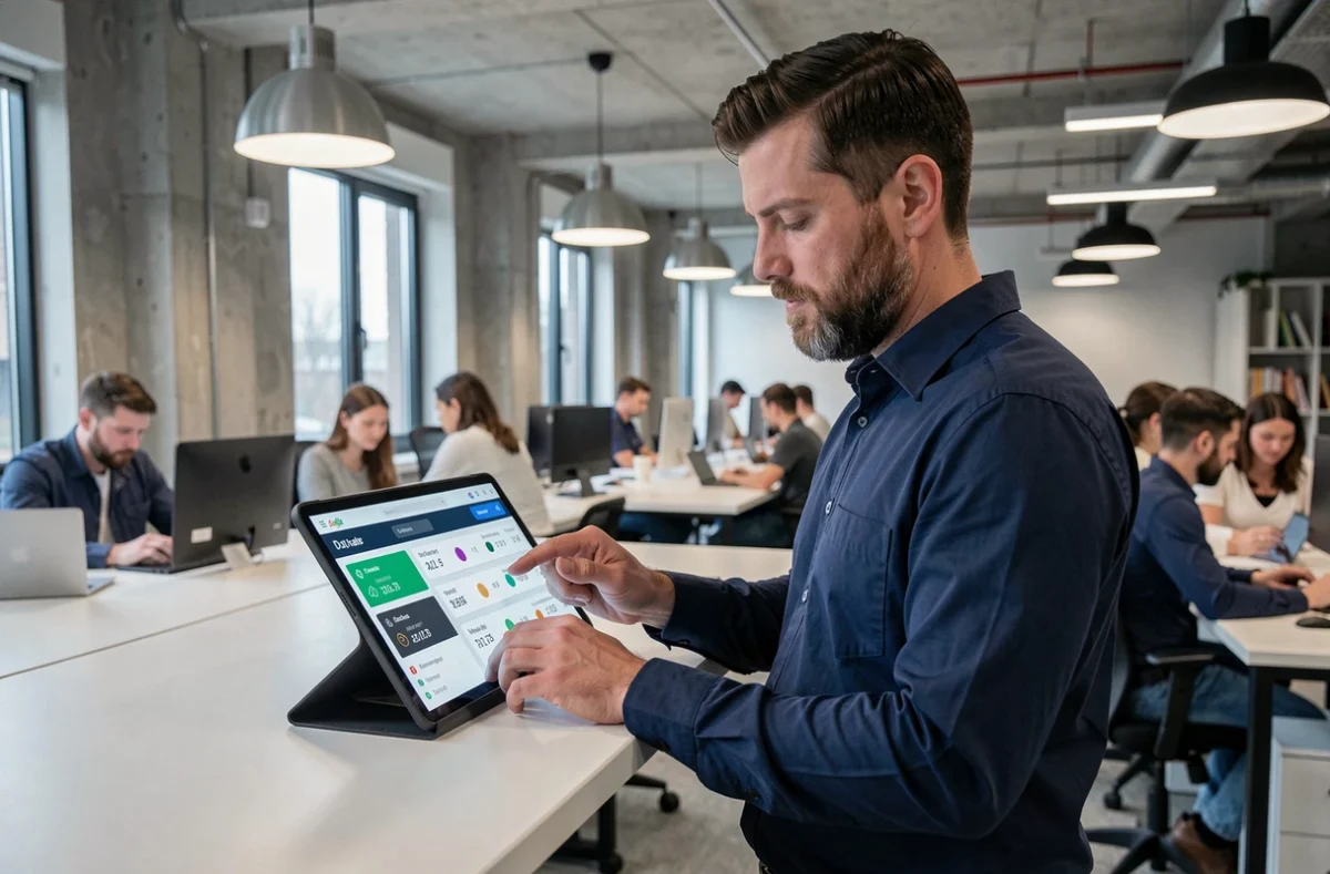 Homme en open space utilisant une tablette pour comparer plusieurs périodes avec un outil de calcul de dates en ligne