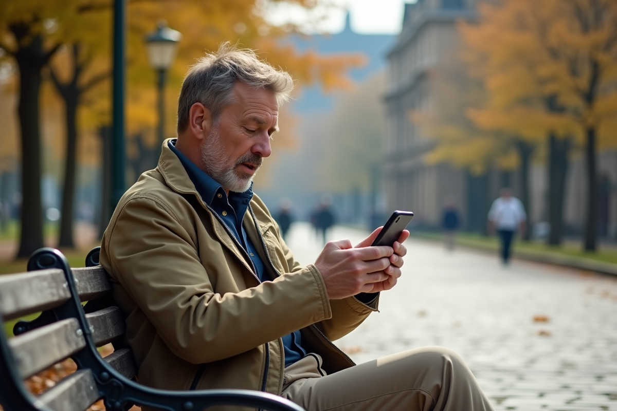 Homme explorant un guide touristique en réalité augmentée dans un parc