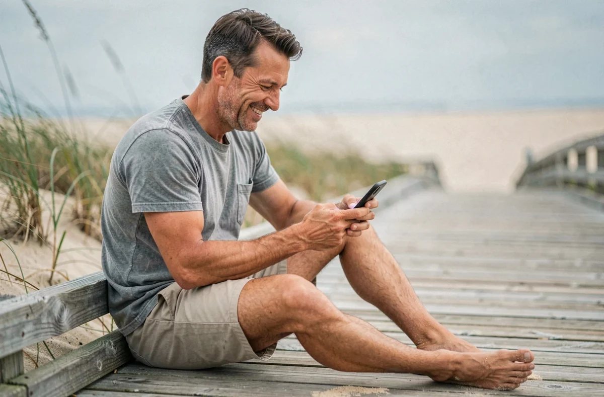 Homme détendu sur une promenade en bois au bord de la mer envoyant un message de bonnes vacances depuis son smartphone
