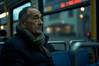 Homme d'âge moyen seul dans un bus la nuit