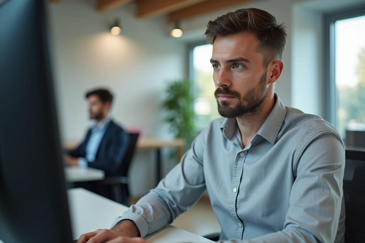Homme concentré relisant sa lettre de motivation sur un ordinateur de bureau dans un open space moderne