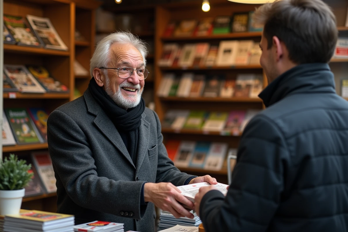Homme âgé donnant un colis à un commerçant dans un magasin français