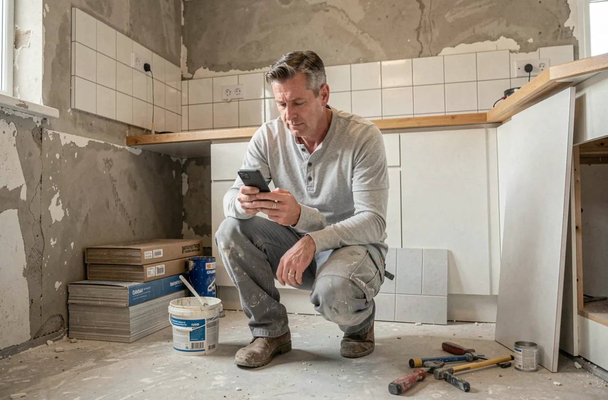 Homme en pleine rénovation de cuisine consultant un site de conseils travaux sur son smartphone entouré de carrelage et d'outils