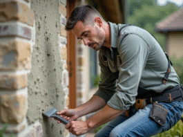 Hommes en tenue de travail scrappant la façade d'une maison