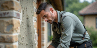 Peut-on gratter un enduit le lendemain sans abîmer la façade ? Hommes en tenue de travail scrappant la façade d'une maison