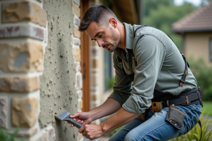 Hommes en tenue de travail scrappant la façade d'une maison