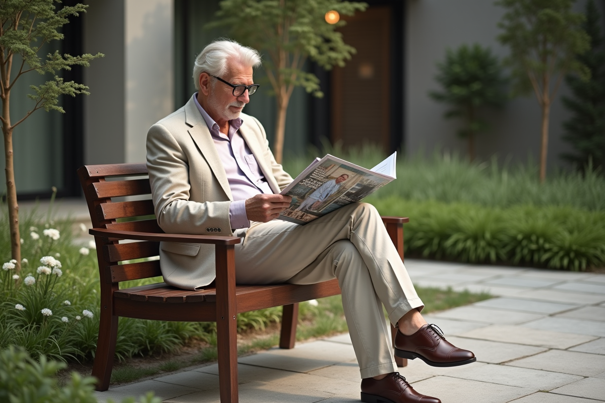 Homme de 60 ans lisant dans un jardin moderne