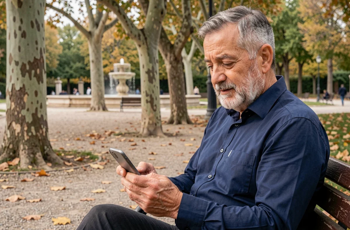 Homme senior retraité utilisant son smartphone dans un parc pour explorer des sites de rencontre en France