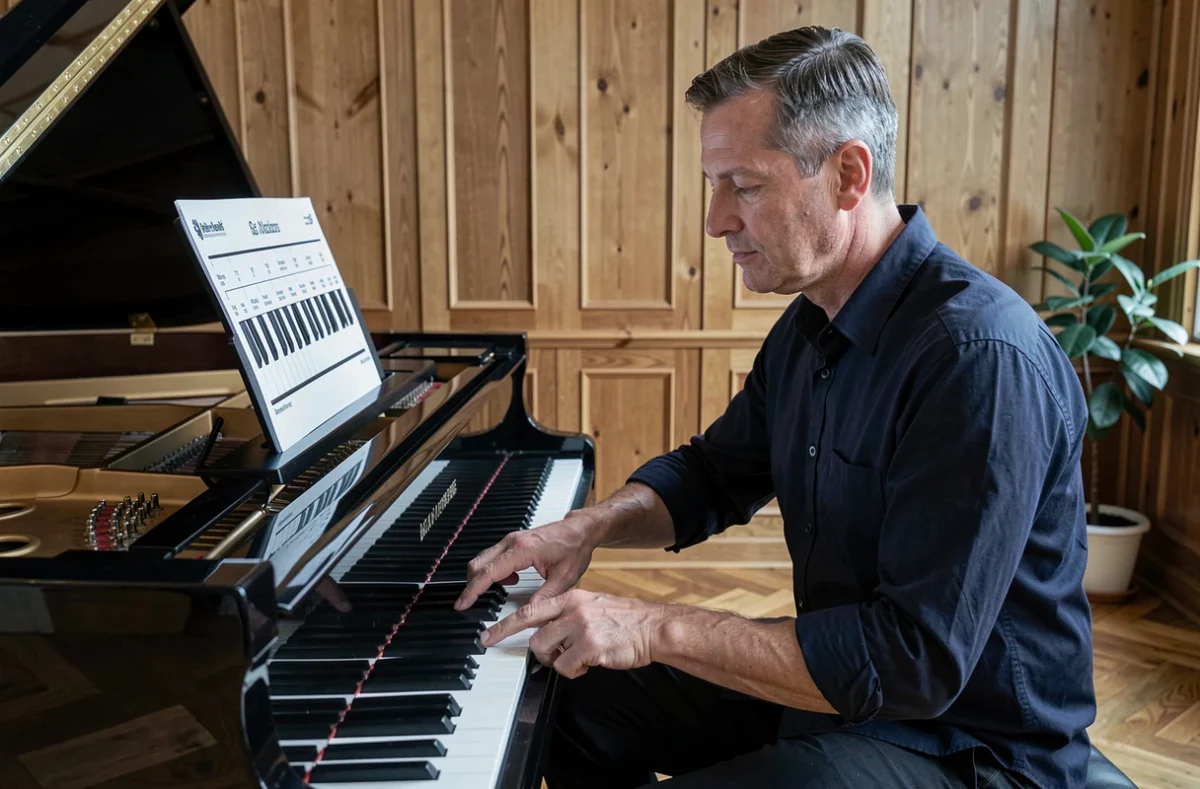 Homme au piano à queue pointant le si bémol sur le clavier avec un schéma de référence