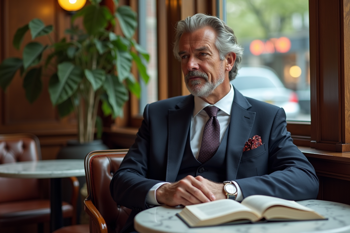 Homme en costume navy lisant dans un café chic intérieur