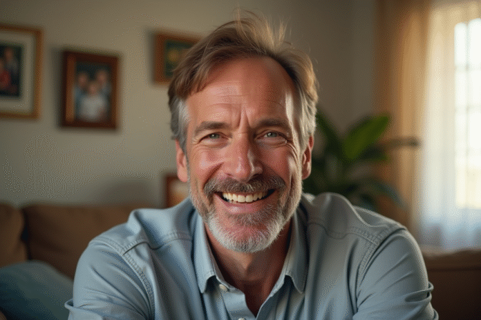 Homme souriant dans un salon lumineux avec photos de famille