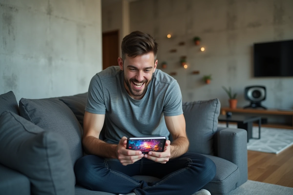 Homme jouant à Coin Master sur tablette dans un salon moderne et cherchant des tours gratuits