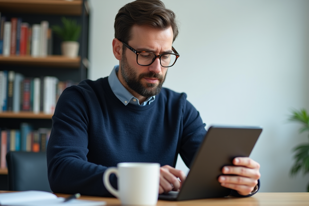 Homme d age utilise tablette pour traduire au bureau