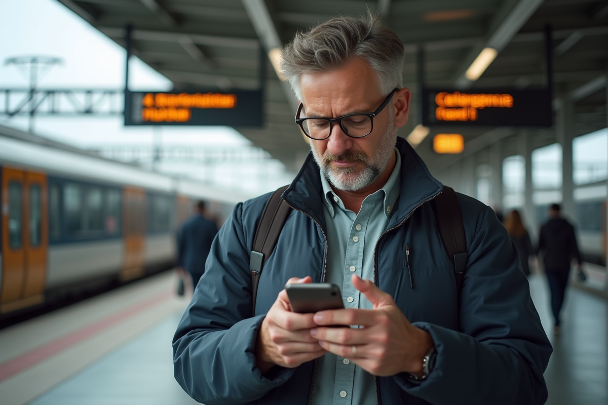 Homme avec smartphone à la gare en voyage