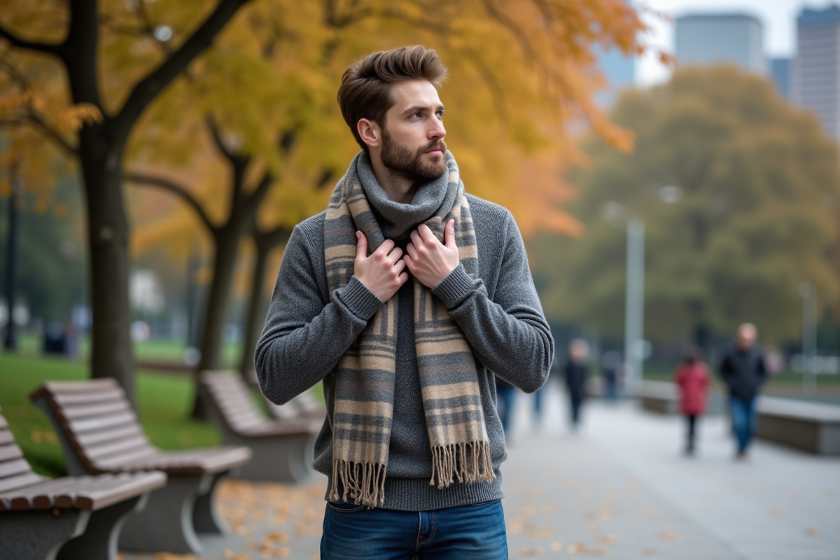 Homme en style urbain ajustant une écharpe dans un parc