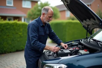 Homme en bleu vérifiant la batterie d'une voiture moderne