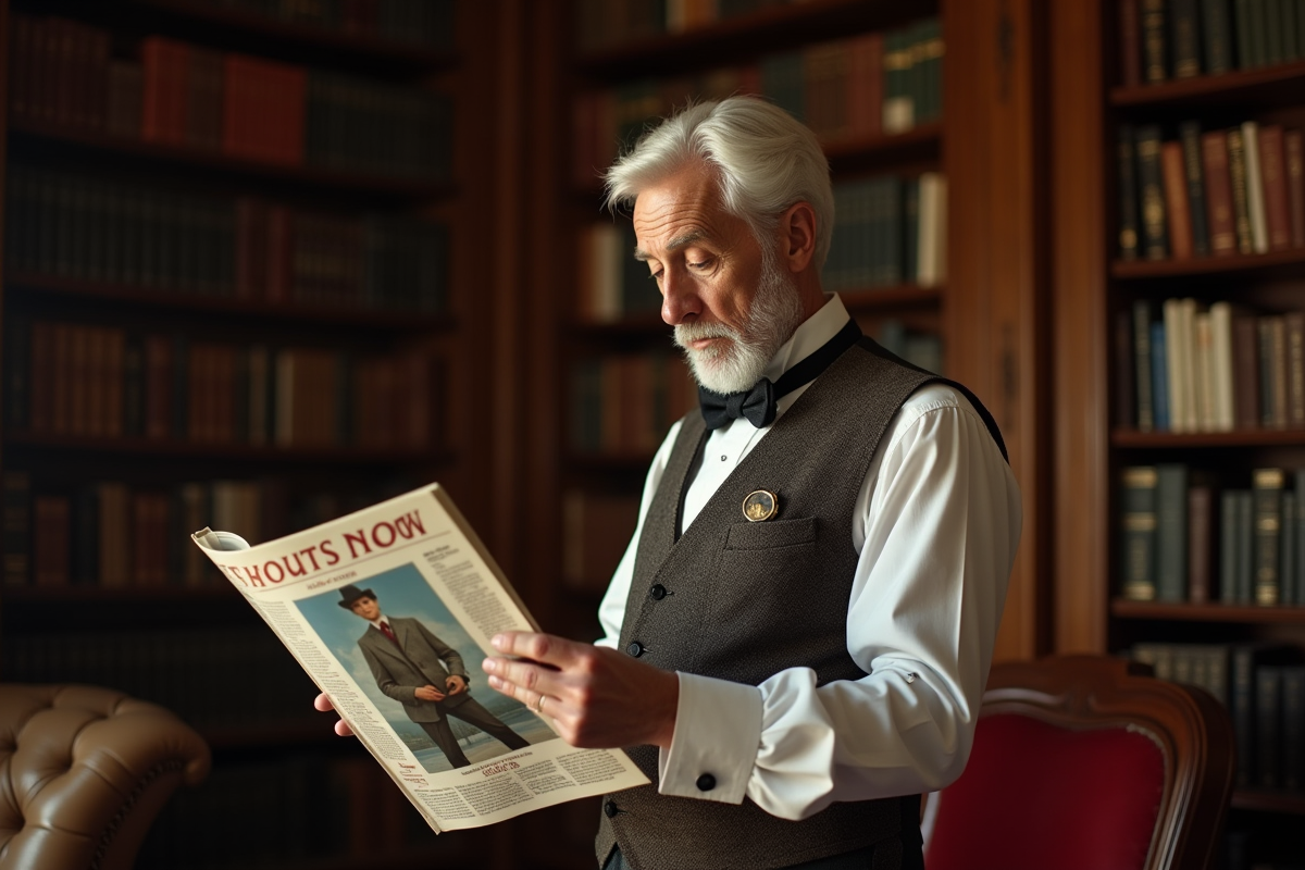 Homme âgé en tenue edwardienne lisant un magazine dans un bureau
