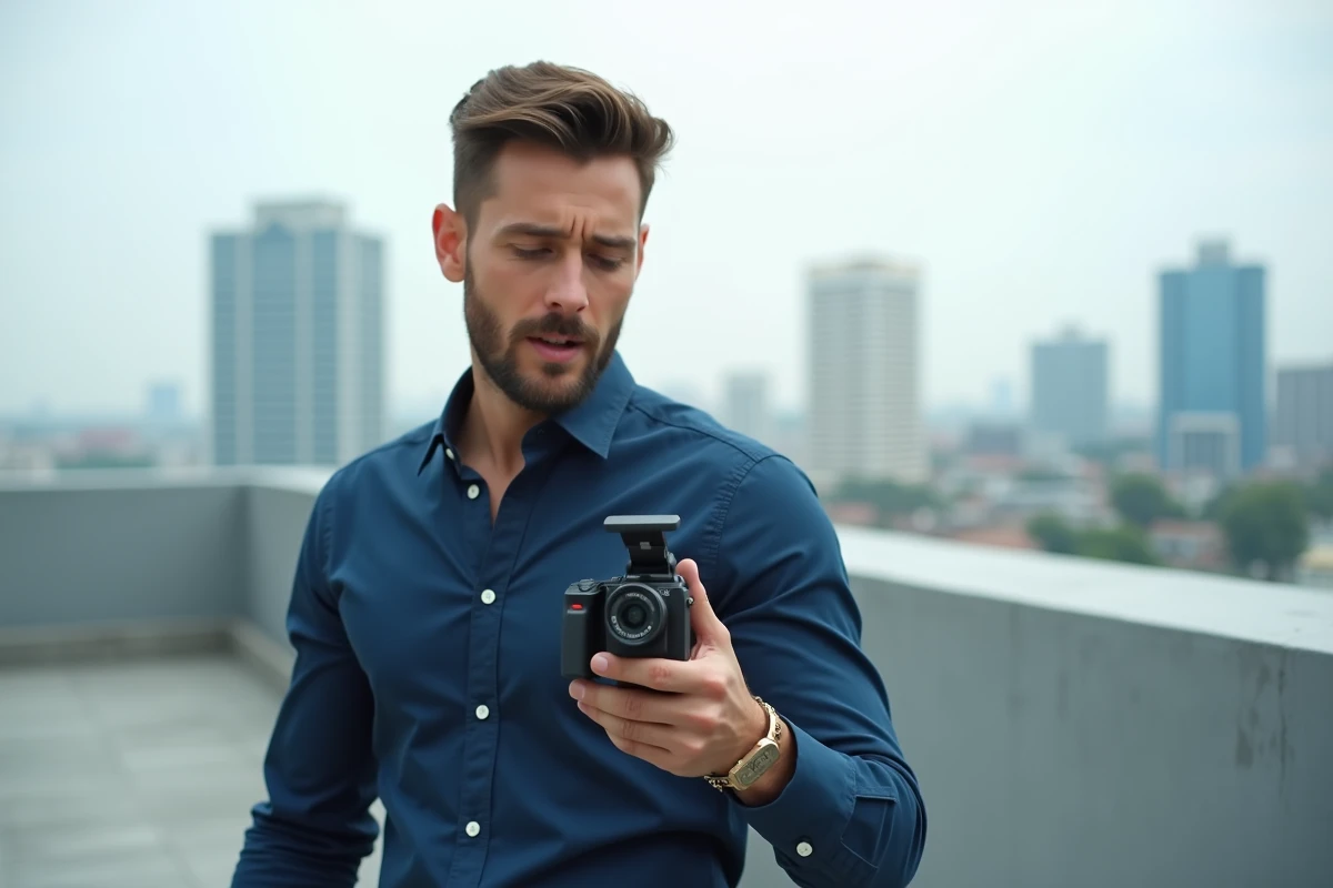 Homme filmant un vlog en extérieur sur une terrasse urbaine avec une caméra à écran orientable pour une Instagram Story dynamique