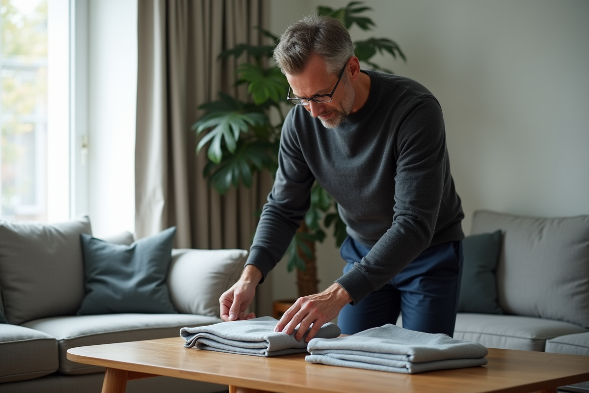 Homme pliant des vêtements dans un salon organisé et lumineux