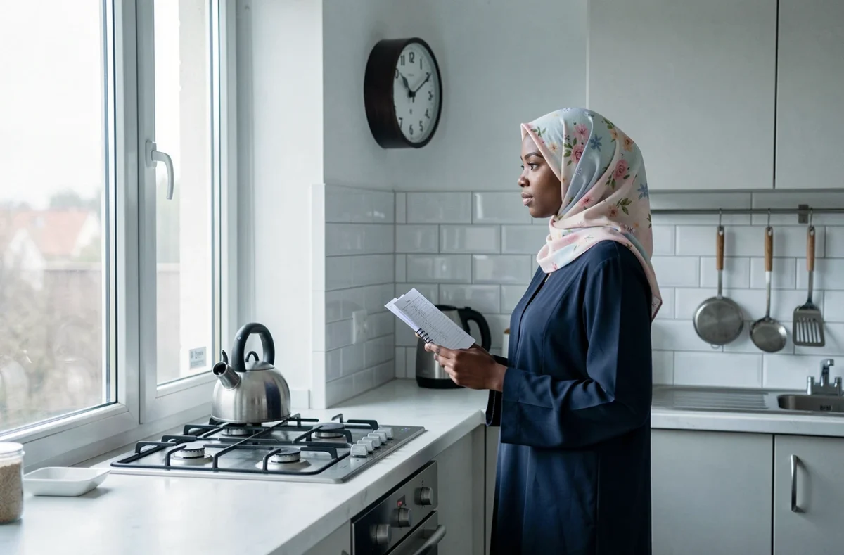Femme consultant un horaire de prière dans une cuisine moderne à Mantes-la-Jolie