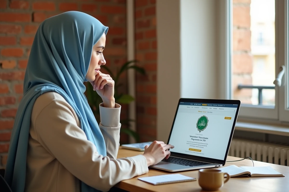 Femme en hijab consultant les horaires de prière sur un ordinateur portable dans un appartement de Toulouse