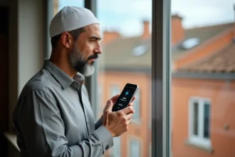 Homme consultant les horaires de prière sur son smartphone à Toulouse avec vue sur les toits en briques rouges