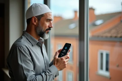 Homme consultant les horaires de prière sur son smartphone à Toulouse avec vue sur les toits en briques rouges