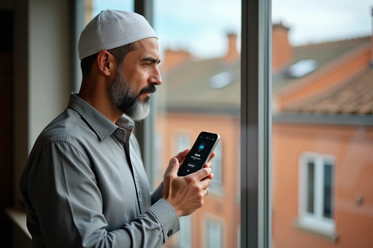 Homme consultant les horaires de prière sur son smartphone à Toulouse avec vue sur les toits en briques rouges