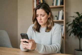 Femme consultant son smartphone pour identifier un numéro de téléphone inconnu depuis son bureau à domicile