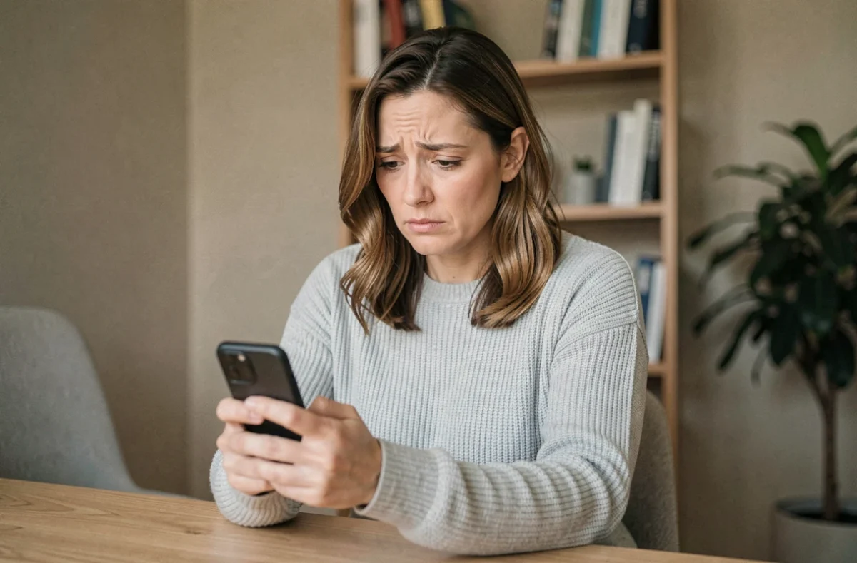 Femme consultant son smartphone pour identifier un numéro de téléphone inconnu depuis son bureau à domicile