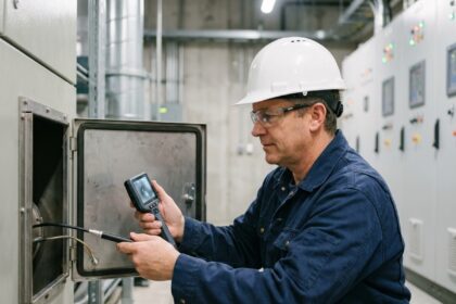 Ingénieur en casque utilisant un vidéoscope dans une usine moderne