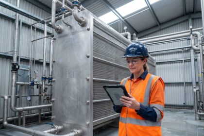 Ingénieure inspectant un échangeur thermique industriel dans une usine moderne, illustrant l'éco-efficience énergétique