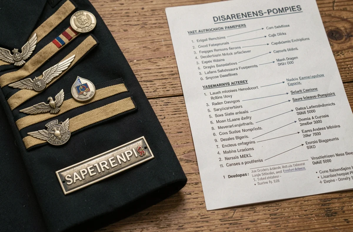 Détail des insignes et galons de grades de pompiers posés sur une table avec un guide de vocabulaire annoté