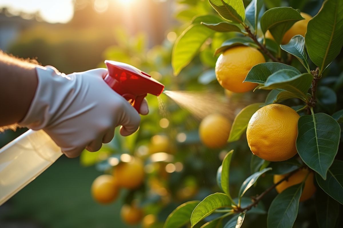 Personne en gants pulvérisant solution écologique sur citronnier